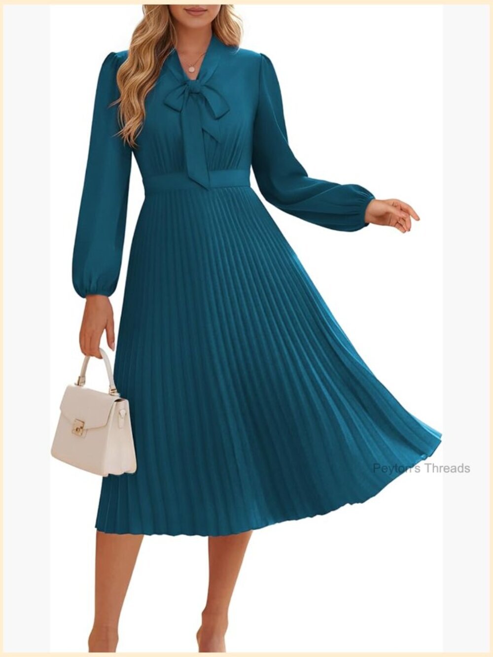 Long Sleeve V-Neck Pleated A-Line Flowy Midi Dress